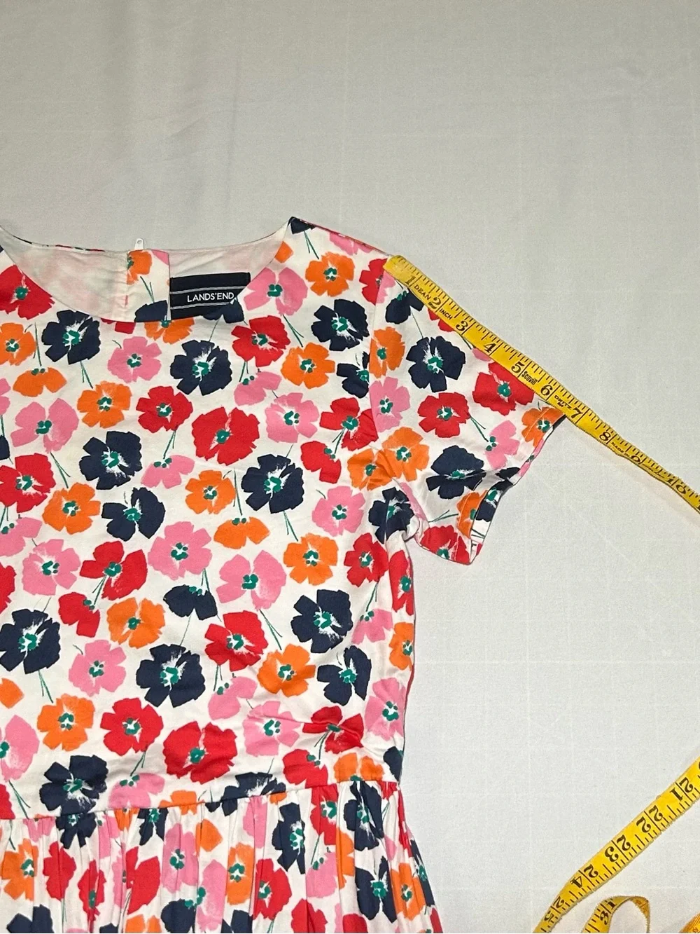 Lands' End Girls 14 Peony Flower Short Sleeve Fit & Flare Classic Cotton Dress